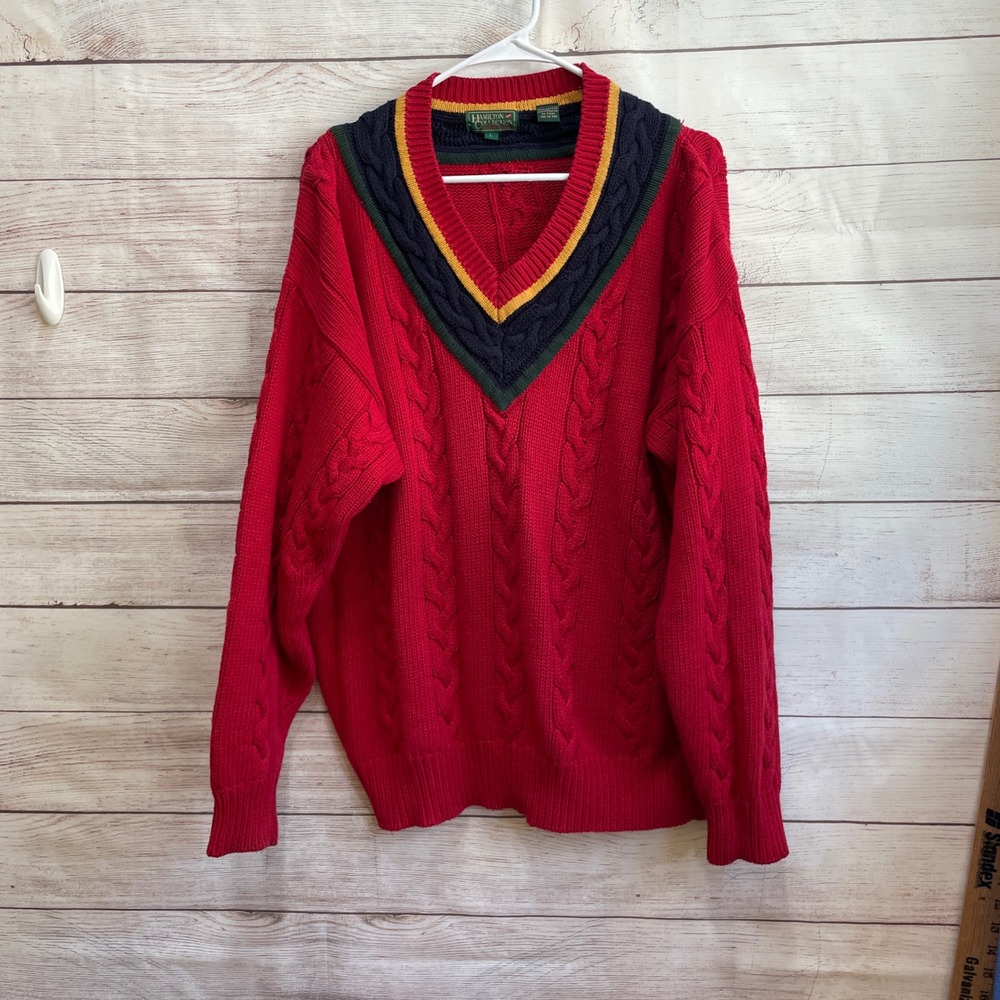 VINTAGE HAMILTON COLLECTION VNECK RED CABLE KNIT SWEATER